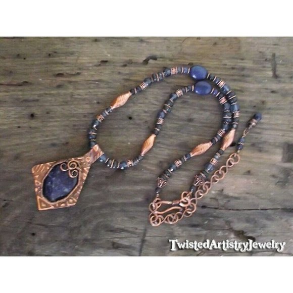 Lapis Lazuli Asymmetric Wire Wrapped Copper Pendant Beaded Necklace Handmade - Picture 4 of 4